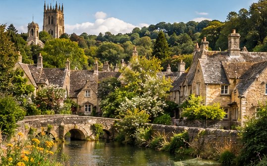 Cotswold stone cottages and a packhorse bridge over the river, with a church tower behind